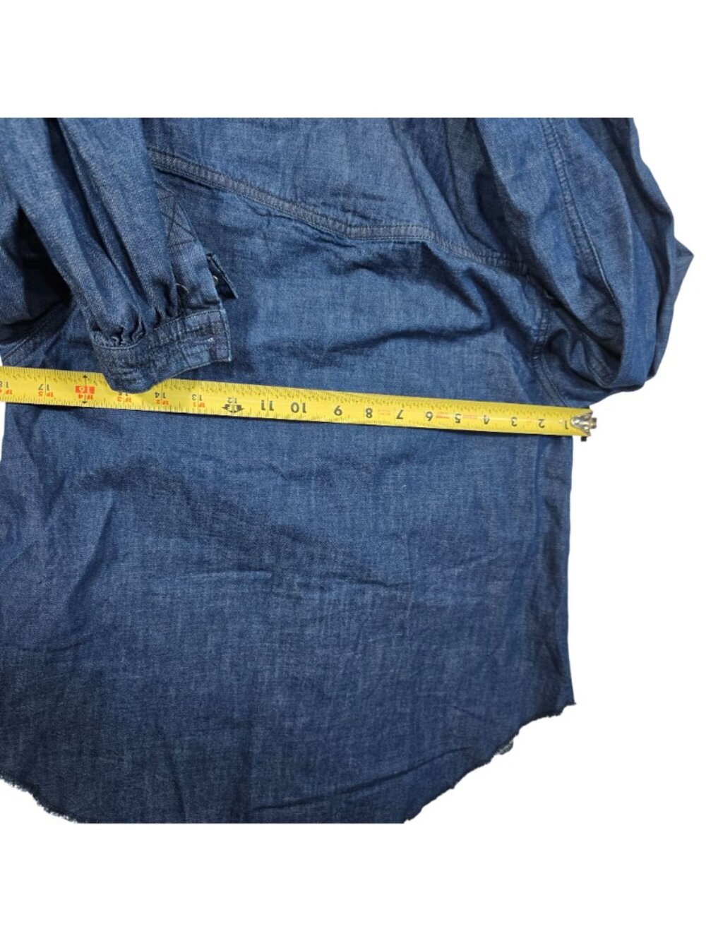 We The Free Women's XS Denim Snap Front Shirt Puff Sleeve Raw Hem Blue Western - Picture 12 of 14